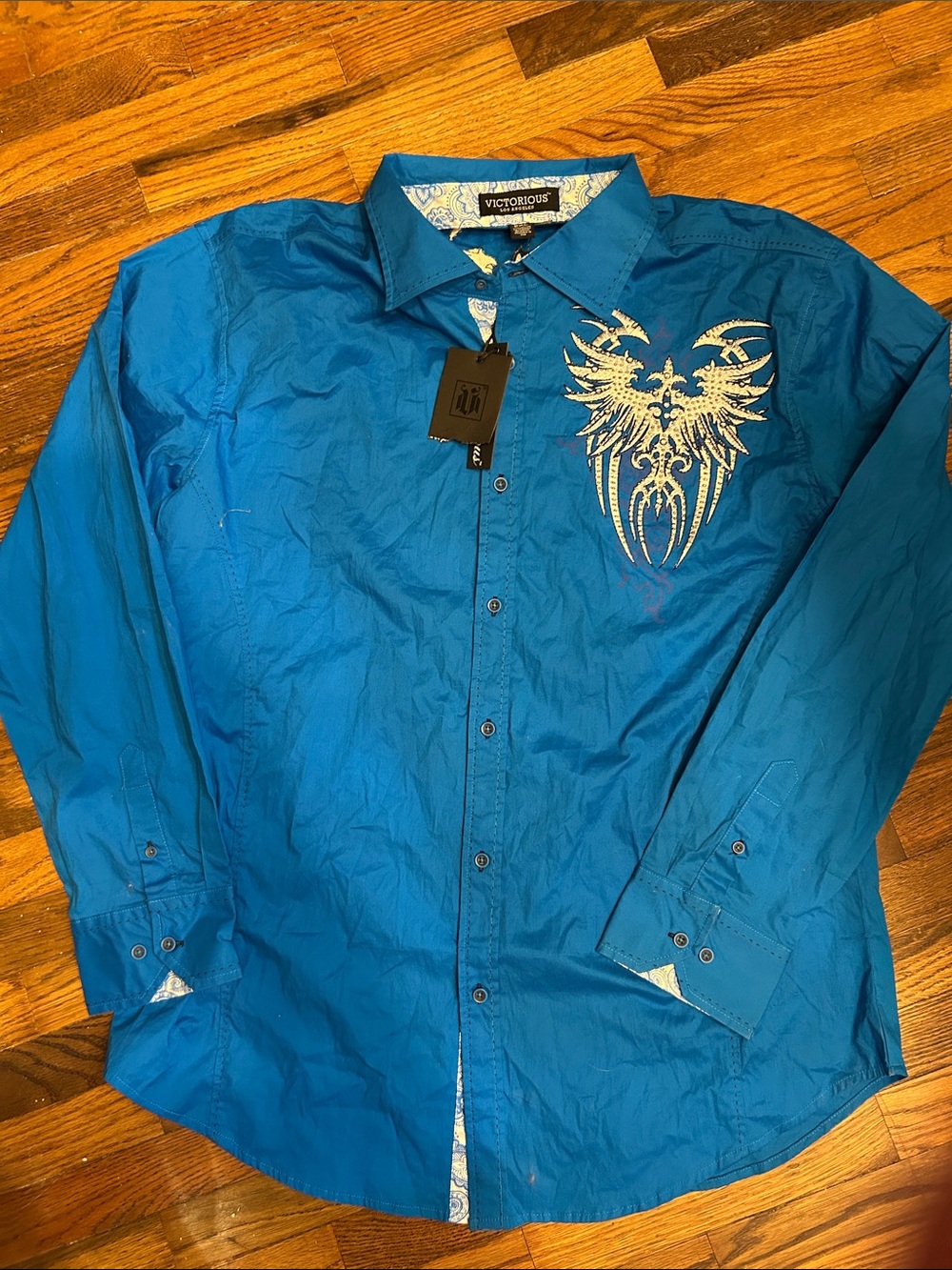 Victorious Men's Teal-Blue Long Sleeve Embroidered Button-Down Shirt